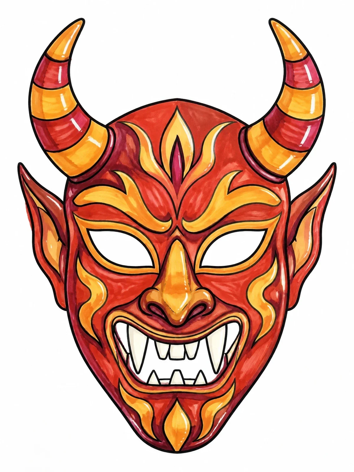Colored example of the Dominican Carnival Diablo Cojuelo Mask coloring page