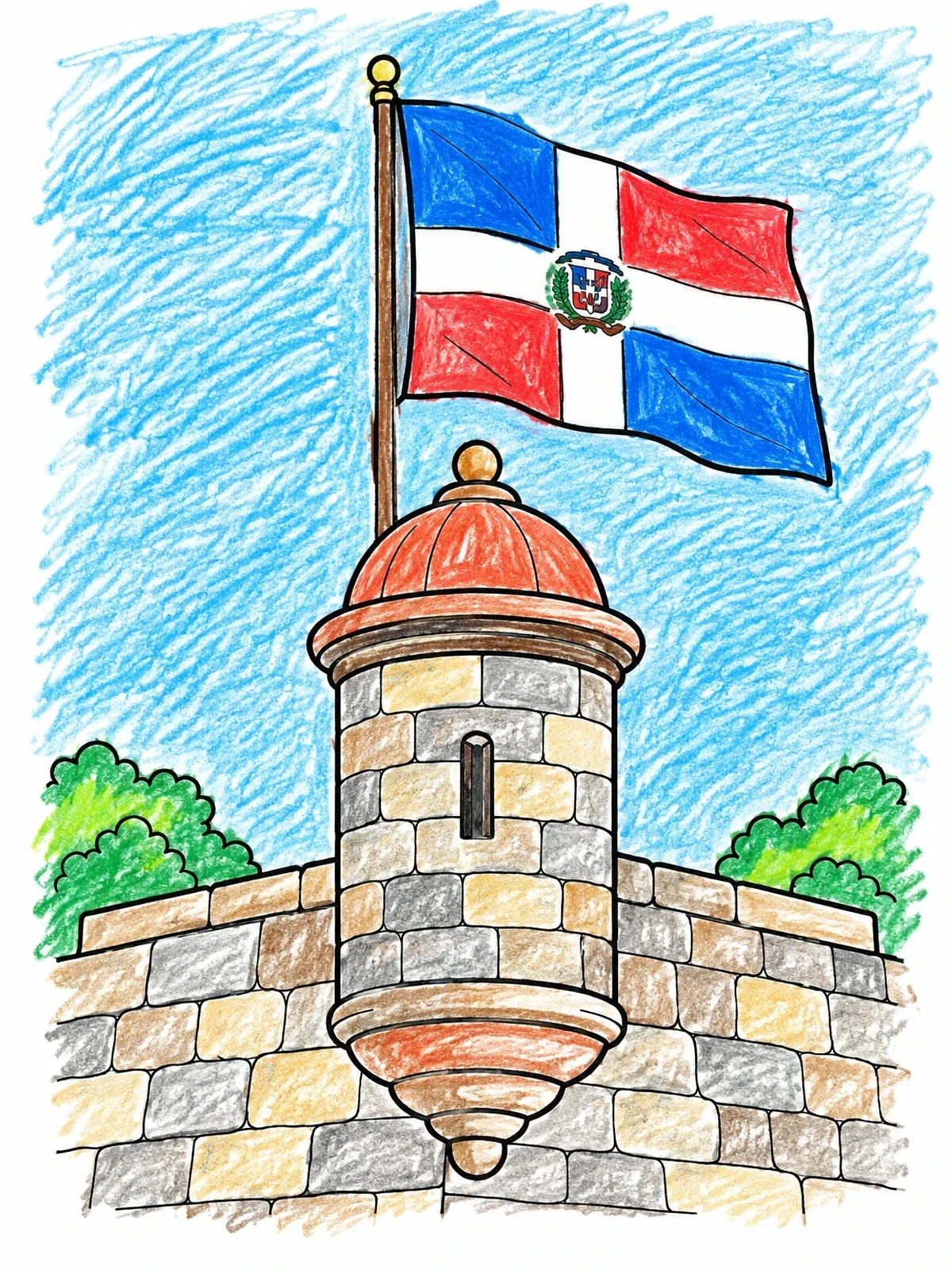 Colored example of the Dominican Flag Above Fortress Turret coloring page