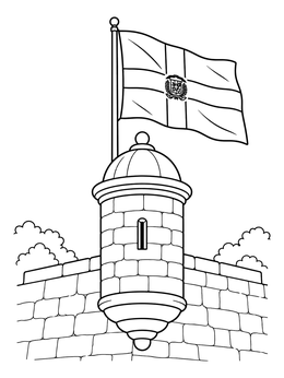 Free printable Dominican Flag Above Fortress Turret coloring page