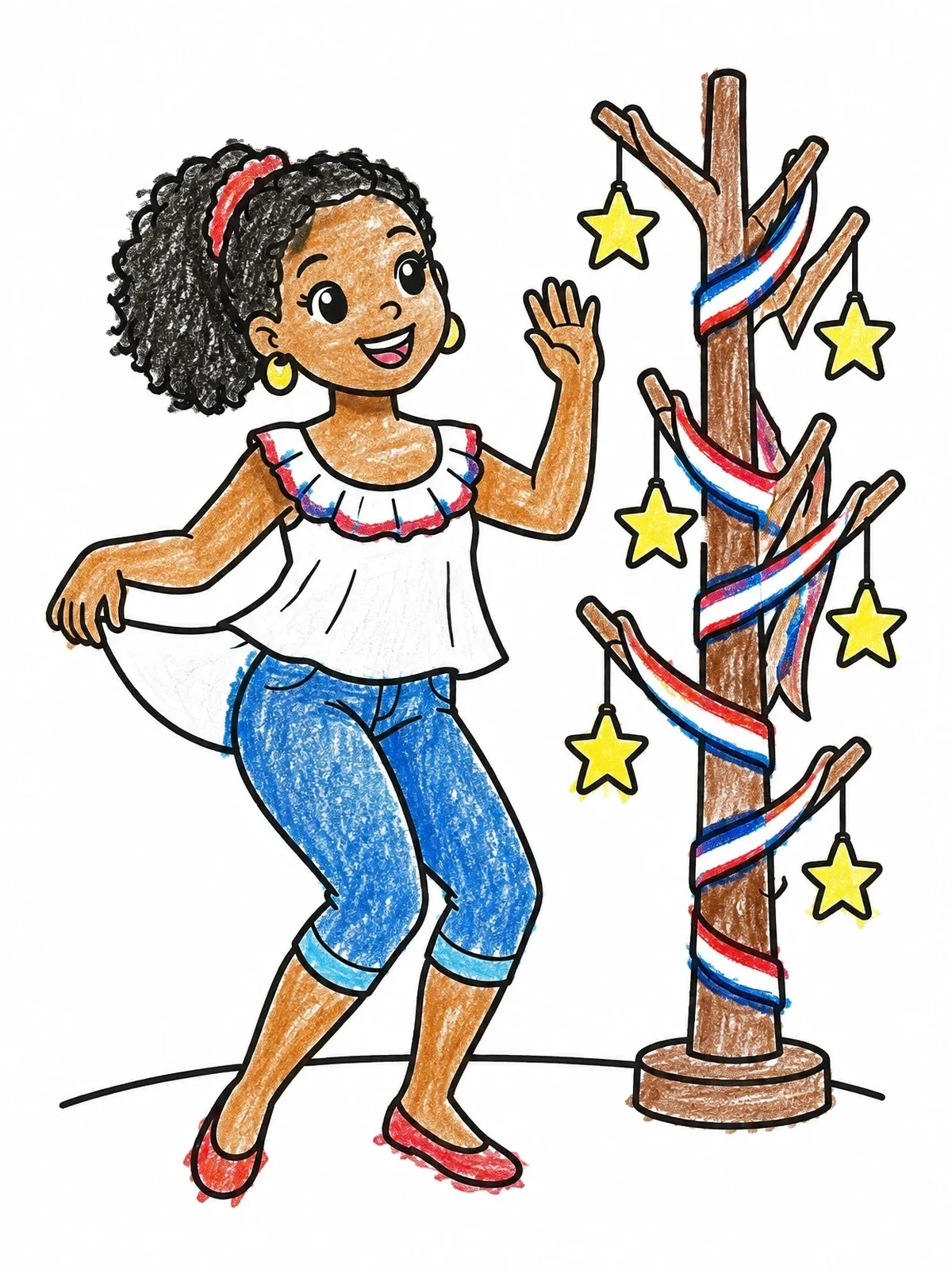 Colored example of the Girl Dancing Beside A Charamico Tree coloring page