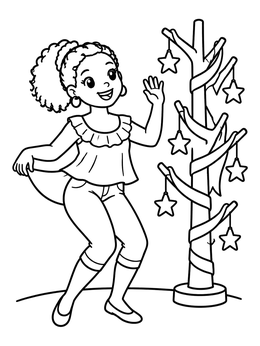 Free printable Girl Dancing Beside A Charamico Tree coloring page