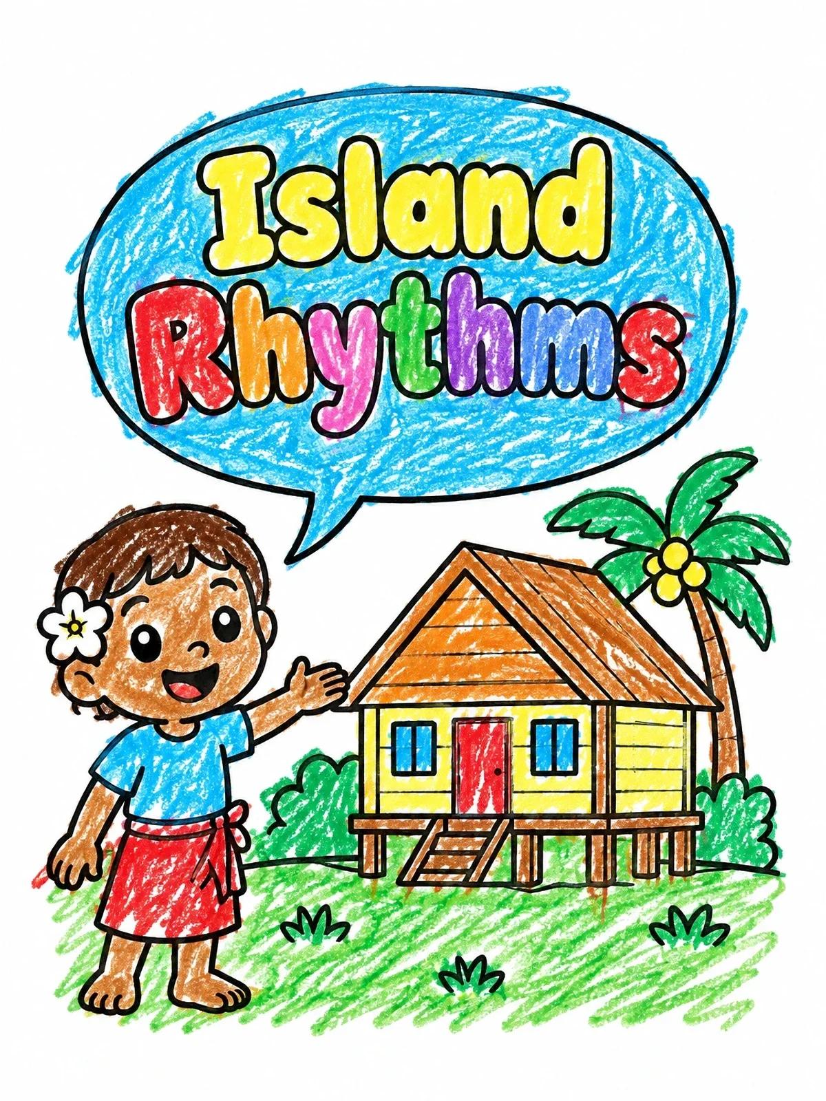 Colored example of the Island House And Happy Child coloring page