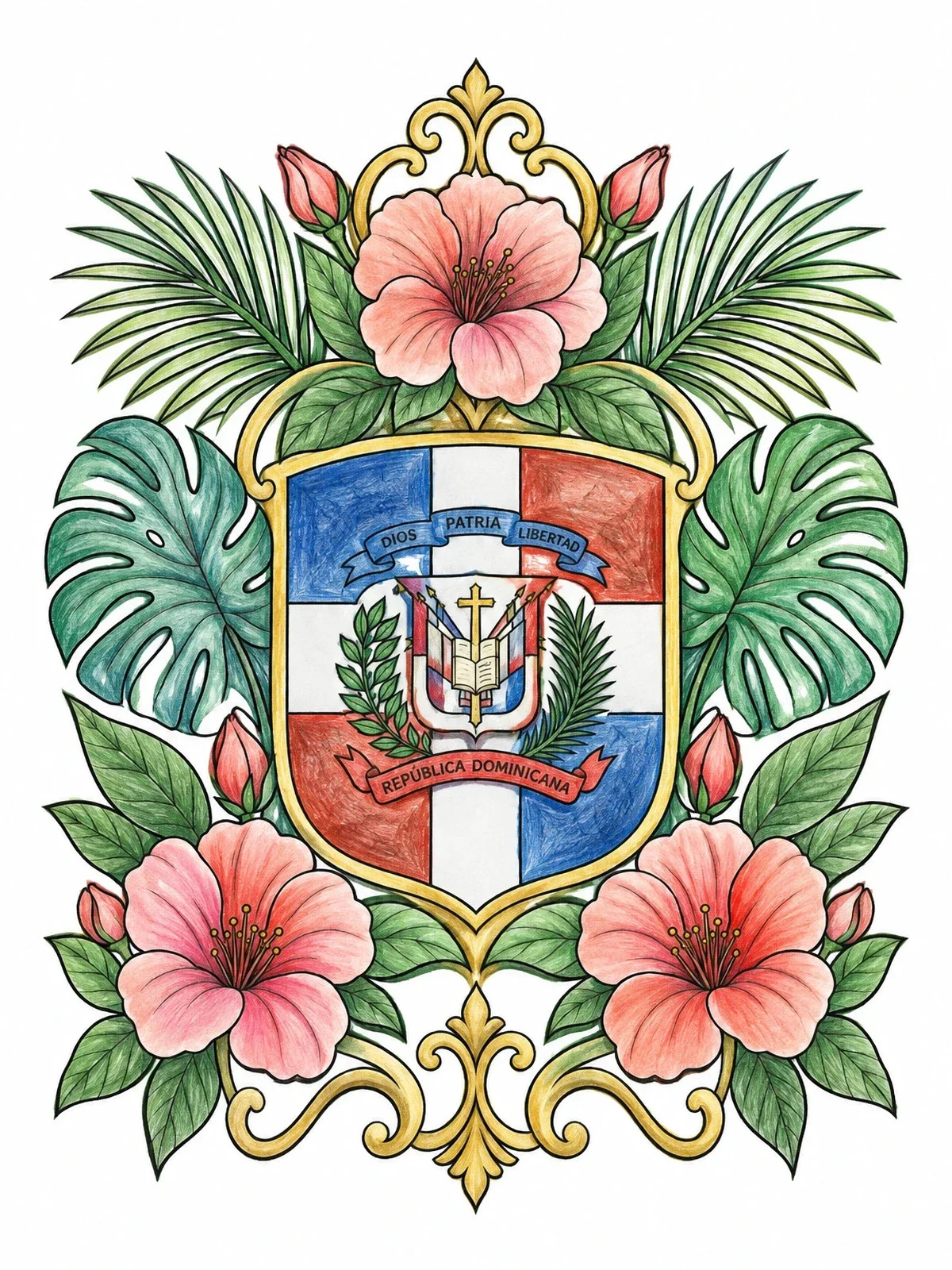 Colored example of the Dominican Republic Coat Of Arms And Tropical Flora coloring page