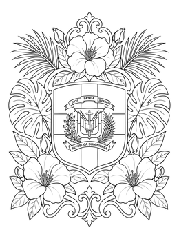 Free printable Dominican Republic Coat Of Arms And Tropical Flora coloring page