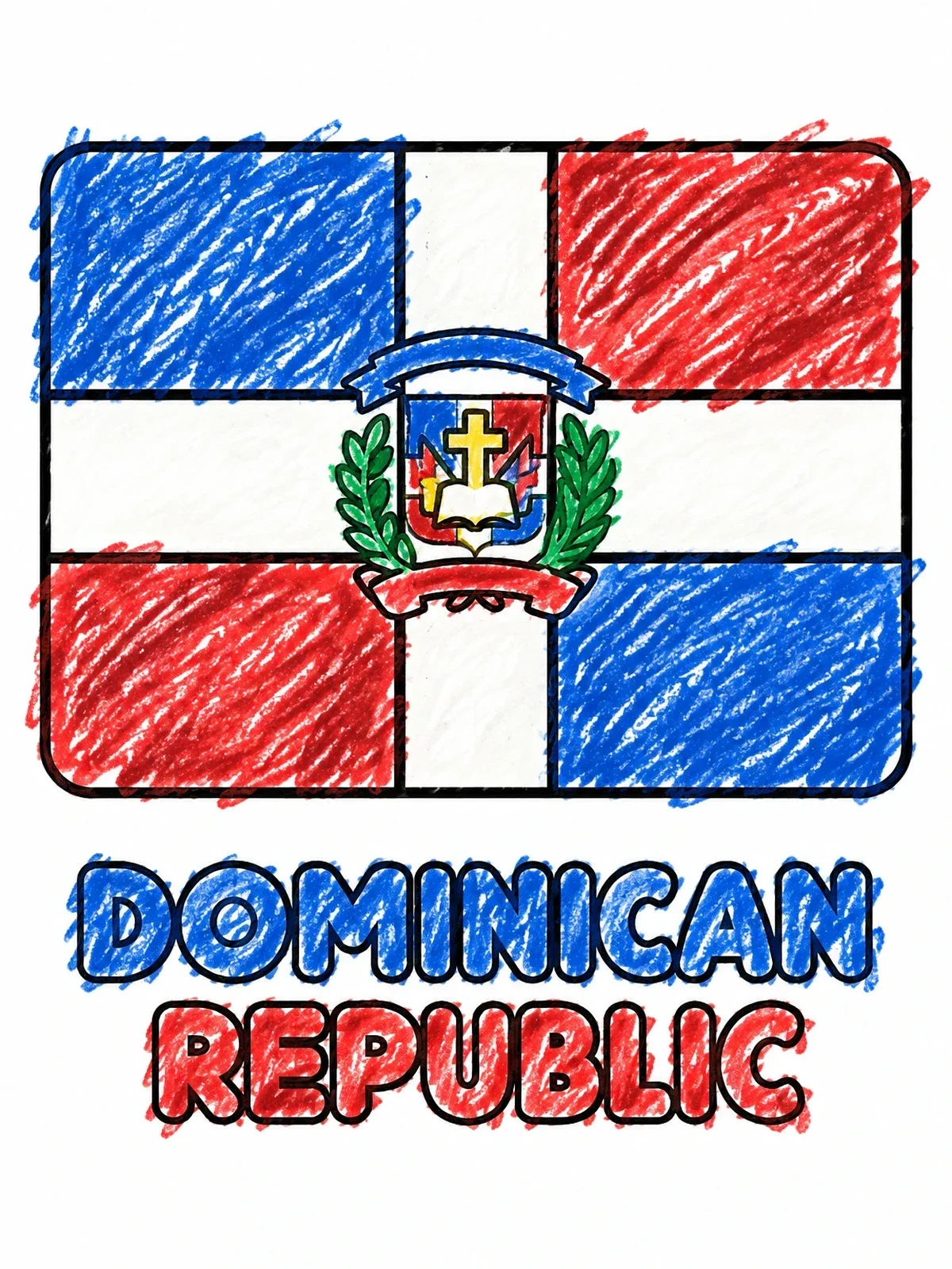 Colored example of the Dominican Republic Flag With Coat Of Arms coloring page