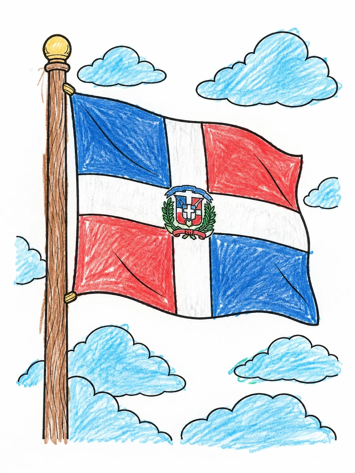 Colored example of the Dominican Republic Flag In The Sky coloring page