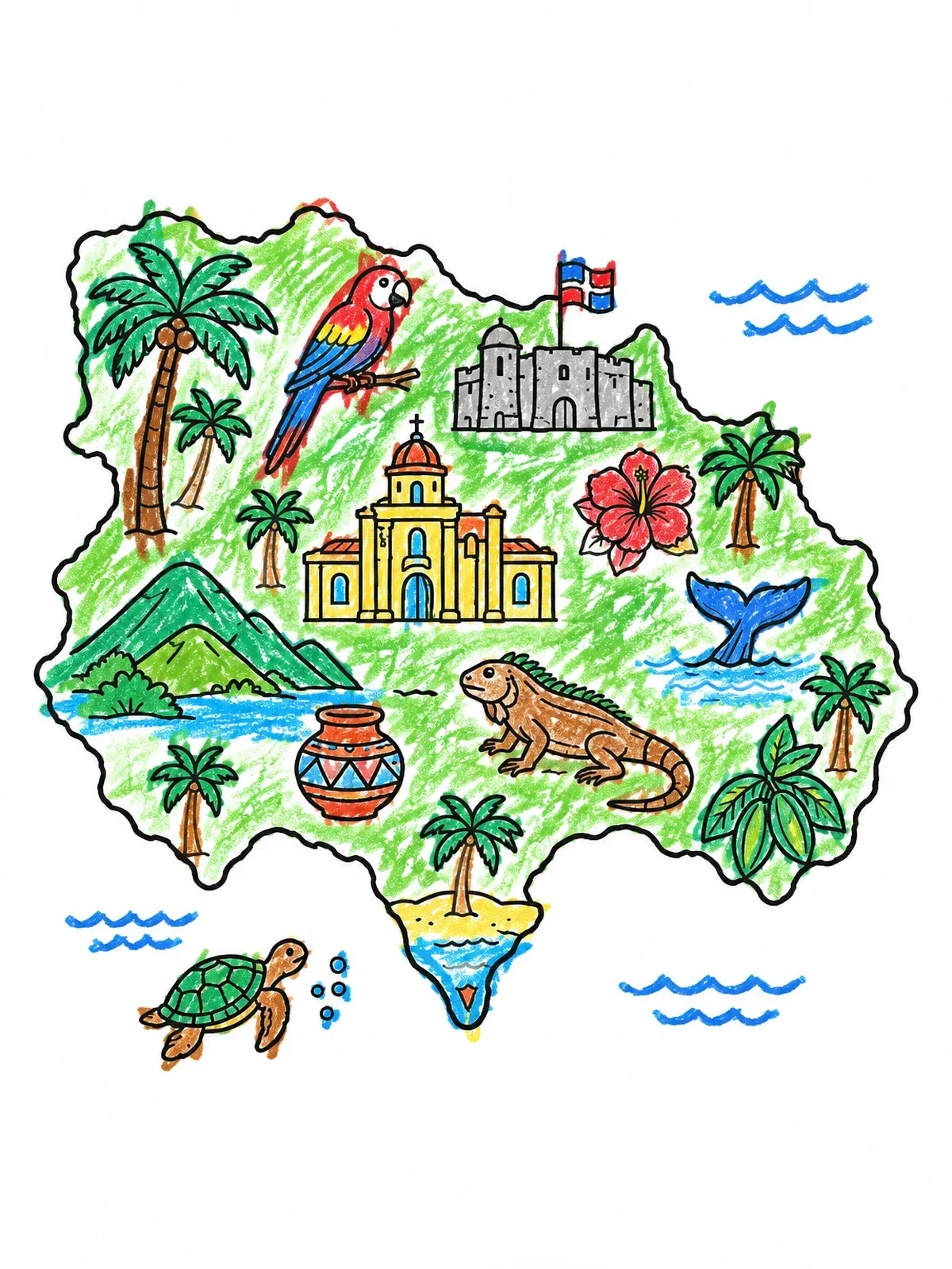 Colored example of the Dominican Republic Map And Wildlife coloring page