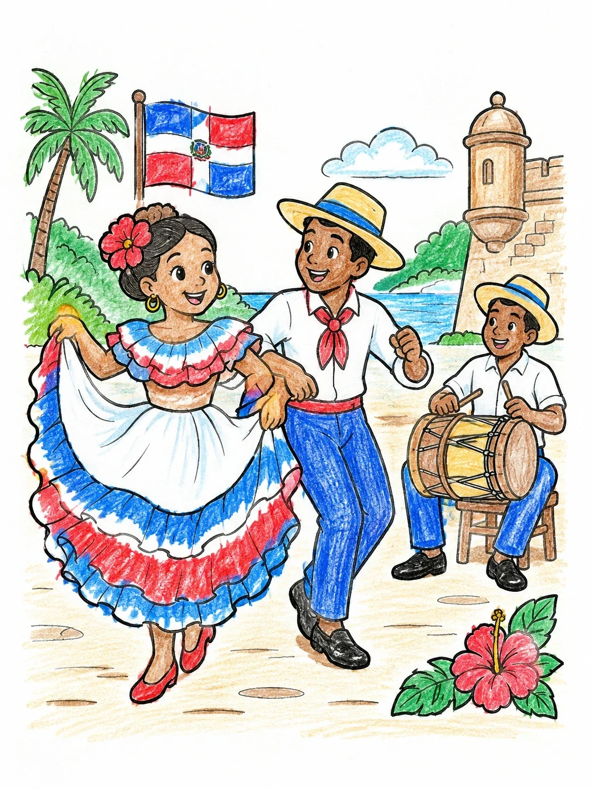 Colored example of the Merengue Dancers And Tambora Drummer coloring page