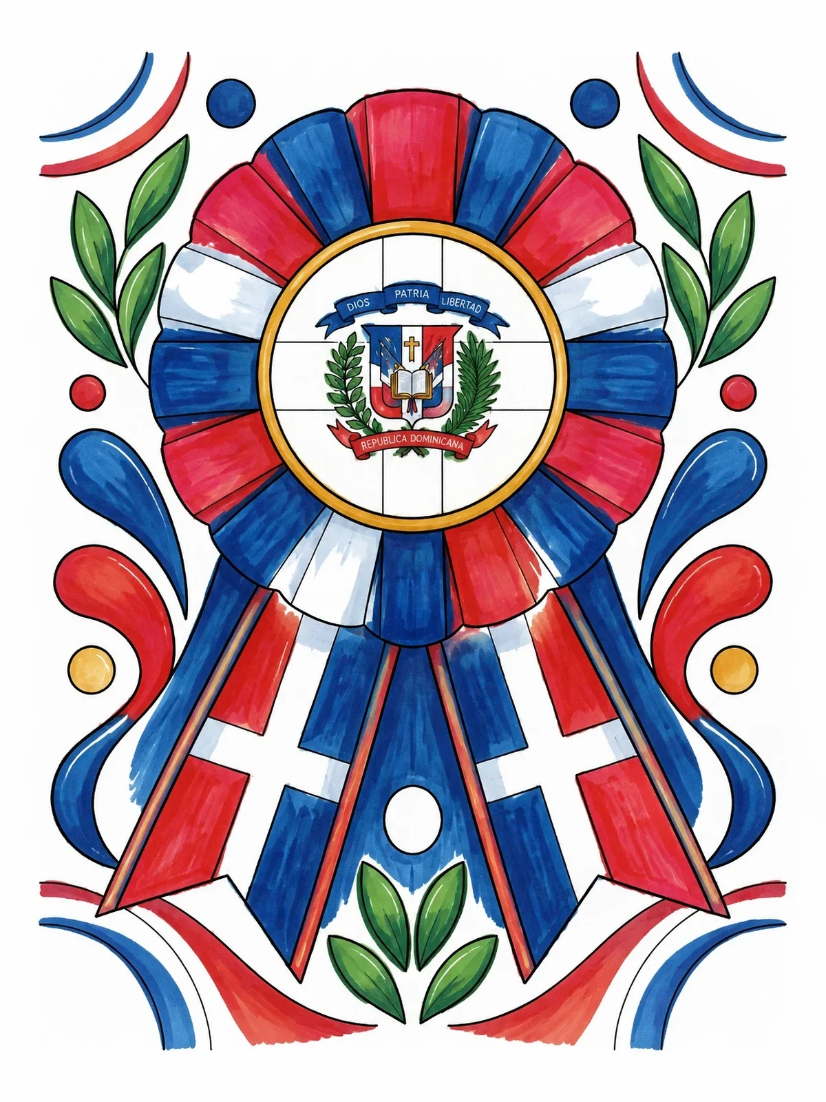 Colored example of the Dominican Republic Rosette And Coat Of Arms coloring page