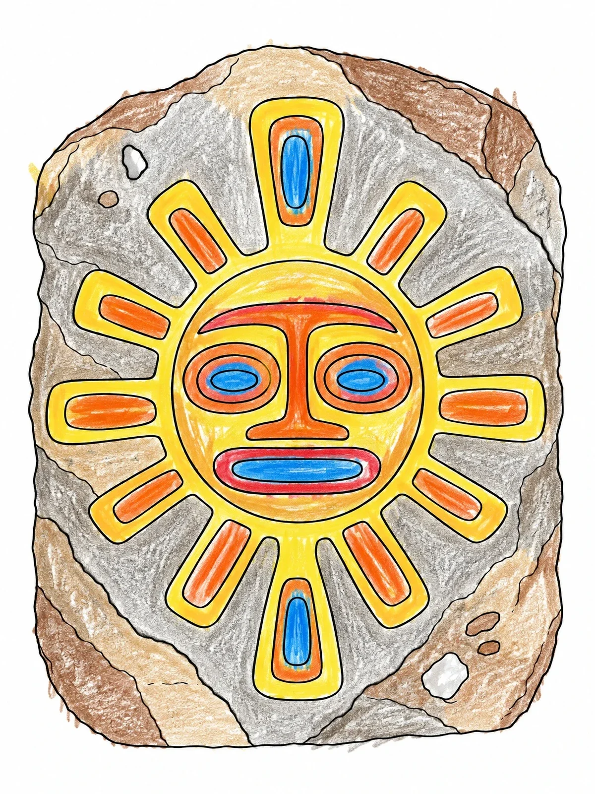 Colored example of the Taino Sun Petroglyph On Stone coloring page