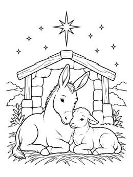 A donkey and lamb resting by a stable in this christmas star coloring page.