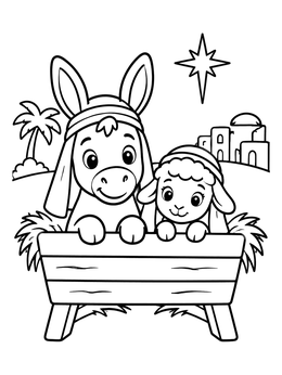 Free printable Cute Donkey And Lamb At The Manger coloring page