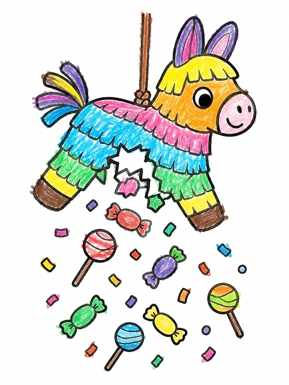 Colored example of the Donkey Piñata Dropping Sweet Candies coloring page