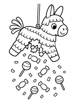Free printable Donkey Piñata Dropping Sweet Candies coloring page