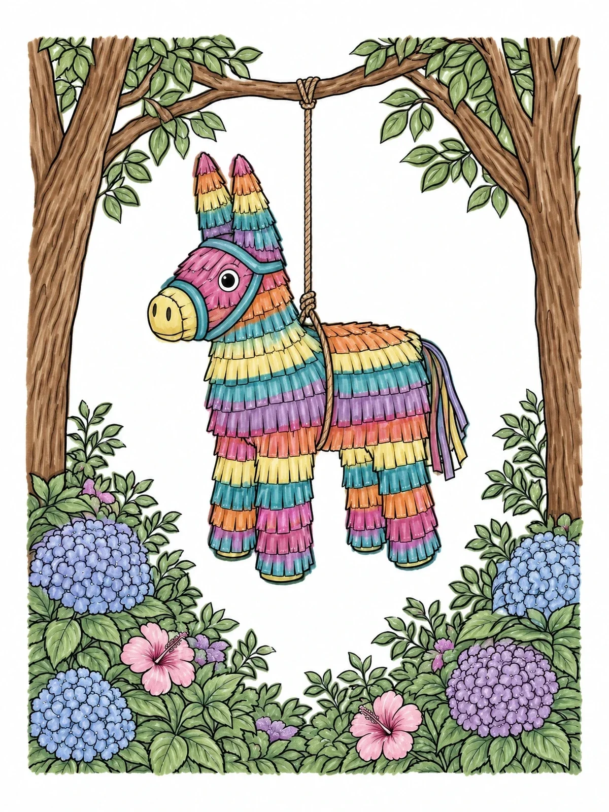 Colored example of the Donkey Piñata In A Garden coloring page