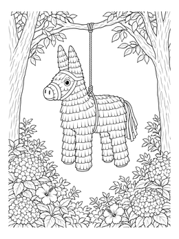 A donkey pinata coloring page hanging from a tree branch above blooming shrubs.