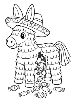 A festive donkey pinata coloring page wearing a sombrero with wrapped sweets spilling out.