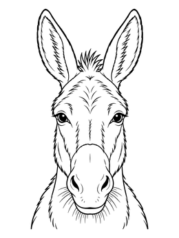 A close-up donkey coloring page showing upright ears, gentle eyes, and muzzle whiskers.
