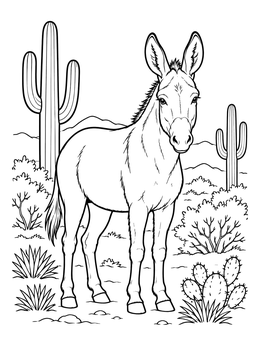 An alert wild burro stands amidst cacti in this donkey coloring page.