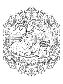 Two peaceful donkeys relax beneath an oak tree in this intricate donkey coloring page framed by a mandala.