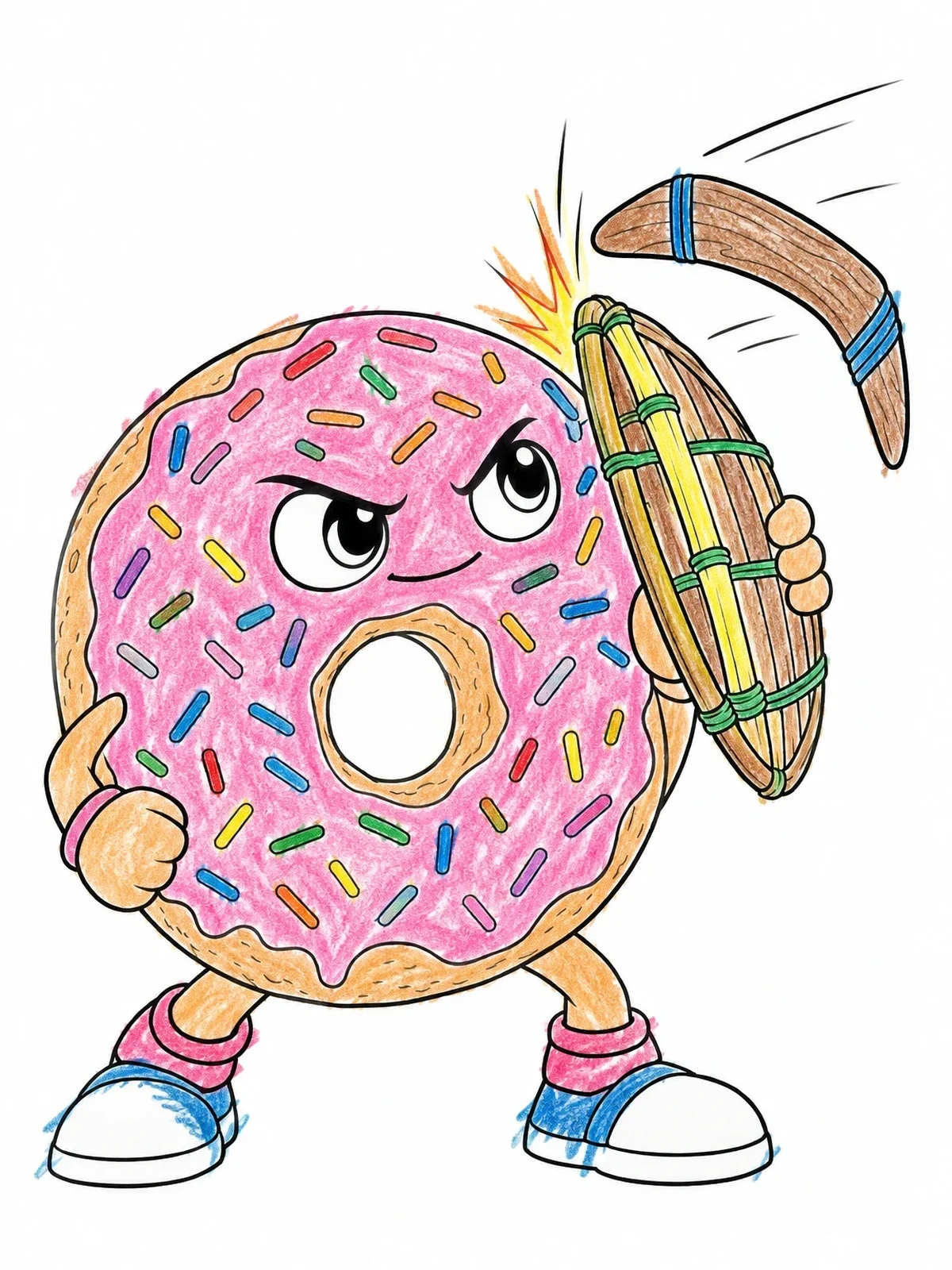 Colored example of the Donut Character Deflecting A Boomerang coloring page