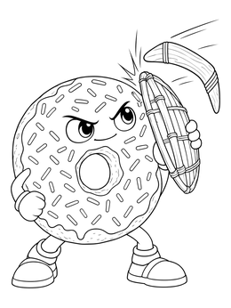 A cheerful cartoon boomerang coloring page featuring a donut warrior blocking a flying wooden boomerang.