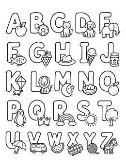 A complete doodle coloring page displaying alphabet letters from A to Z paired with small matching objects.
