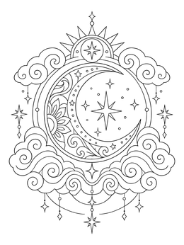 Celestial crescent moon and swirling clouds in a doodle coloring page.