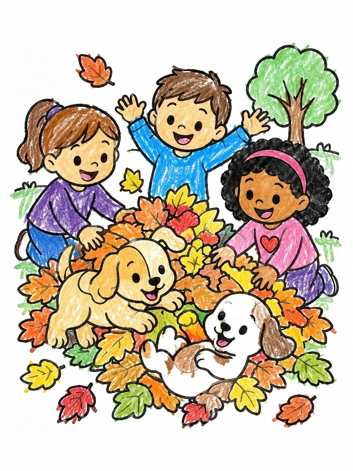 Colored example of the Children And Puppies In Autumn Leaves coloring page