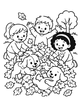Kids and playful dogs romp in leaves in this doodle coloring page.
