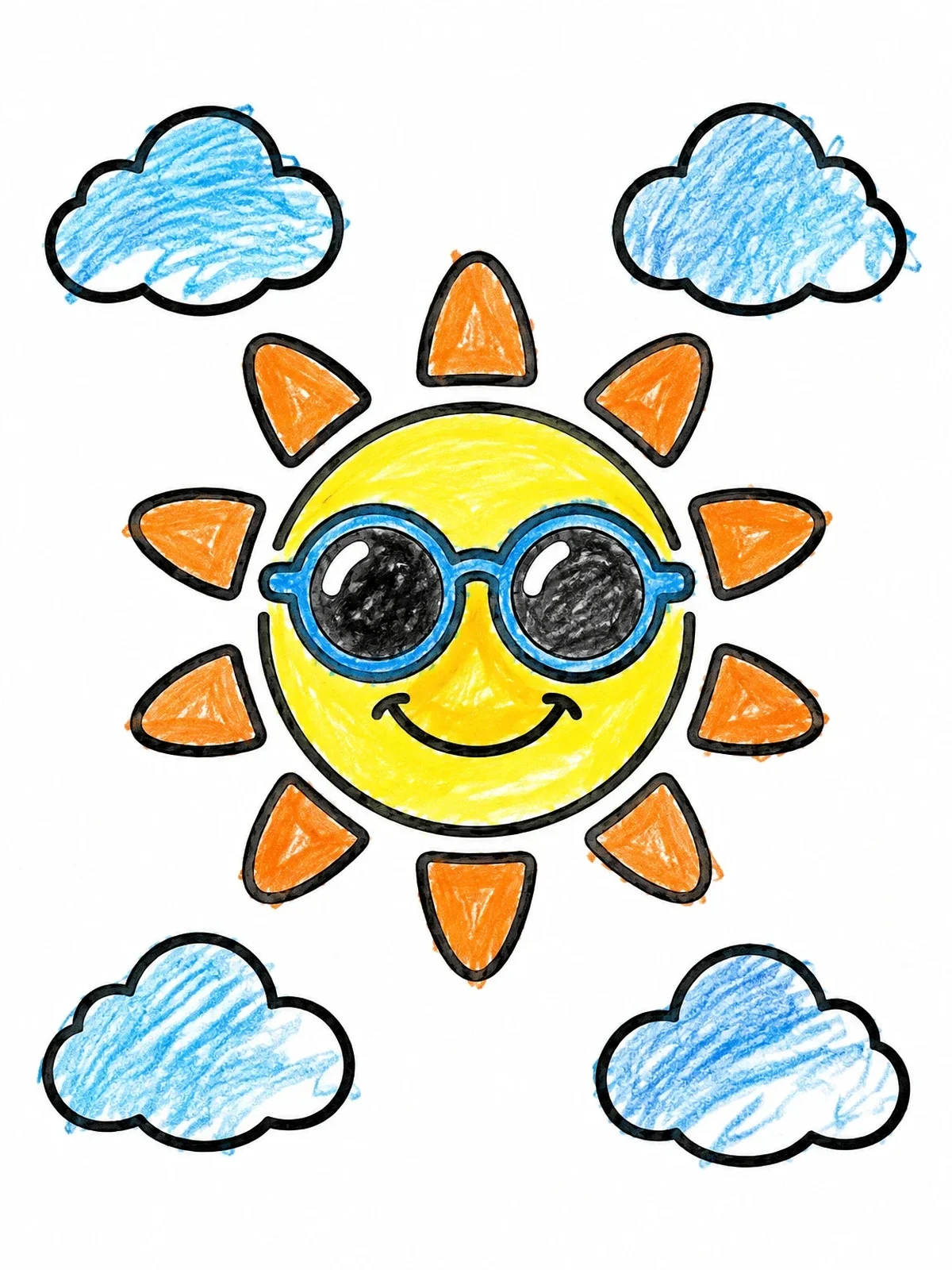 Colored example of the Cool Sun Wearing Sunglasses With Clouds coloring page