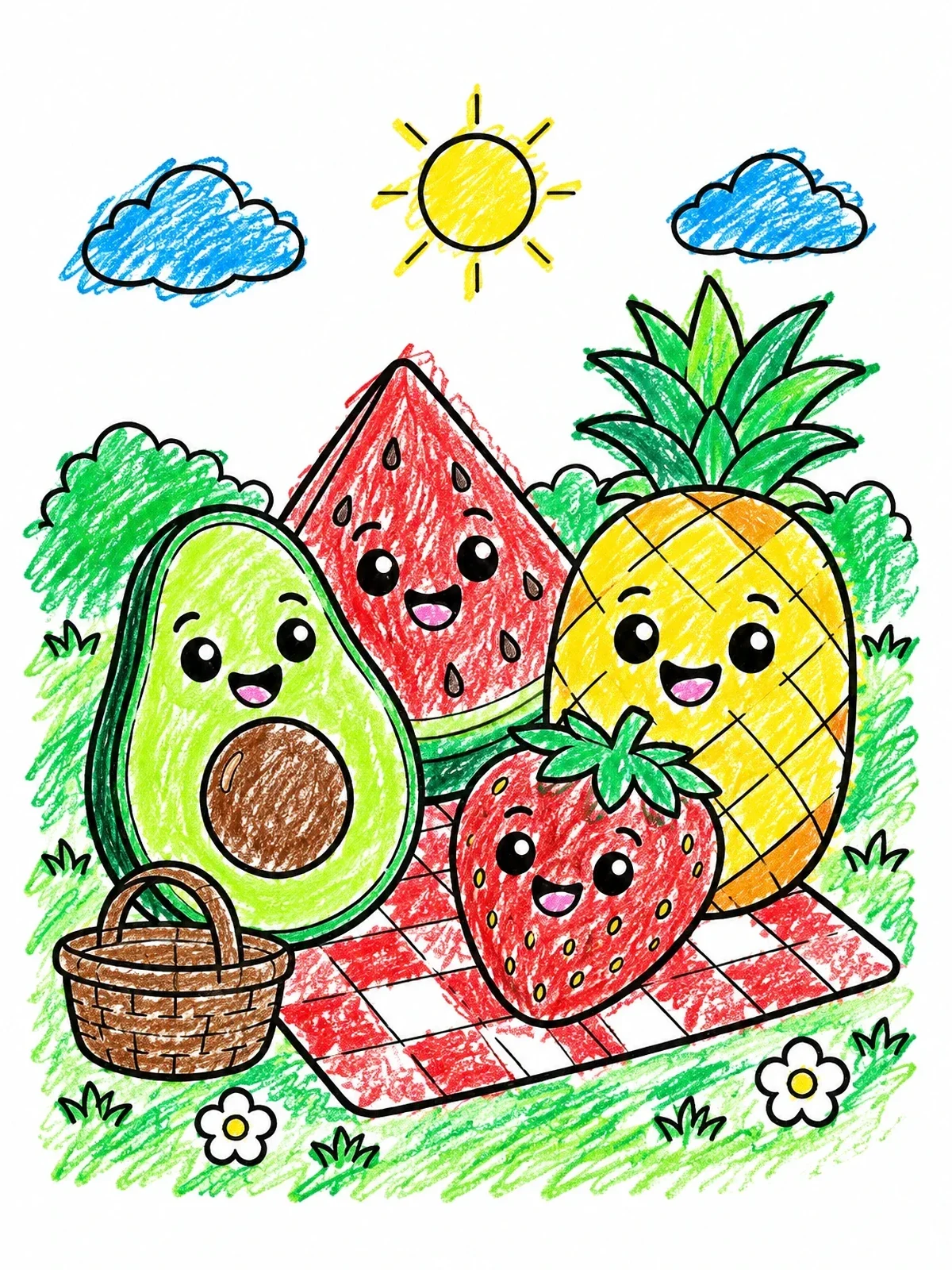 Colored example of the Cute Fruit Picnic Outdoors coloring page