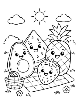 A cheerful doodle coloring page with smiling fruits on a picnic blanket under the sun.