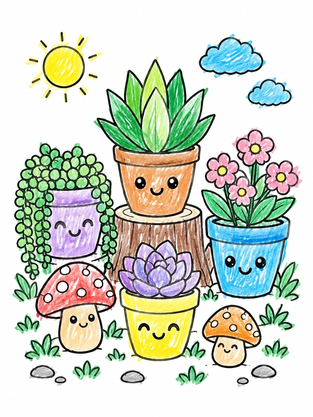Colored example of the Cute Smiling Potted Plants And Mushrooms coloring page