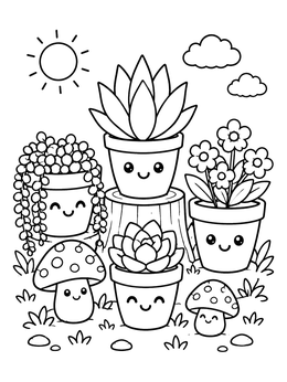 Free printable Cute Smiling Potted Plants And Mushrooms coloring page