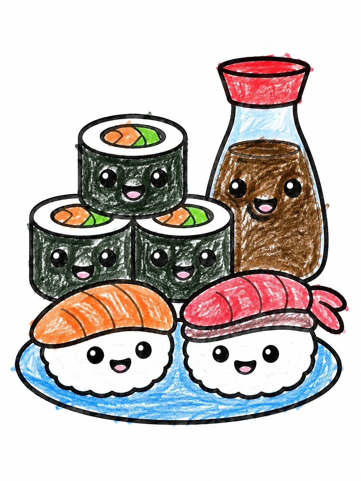 Colored example of the Cute Smiling Sushi And Soy Sauce coloring page