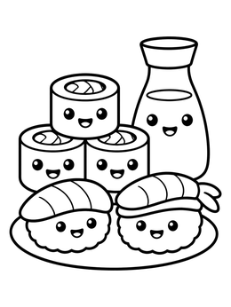 A happy sushi group with soy sauce bottle on this doodle coloring page.