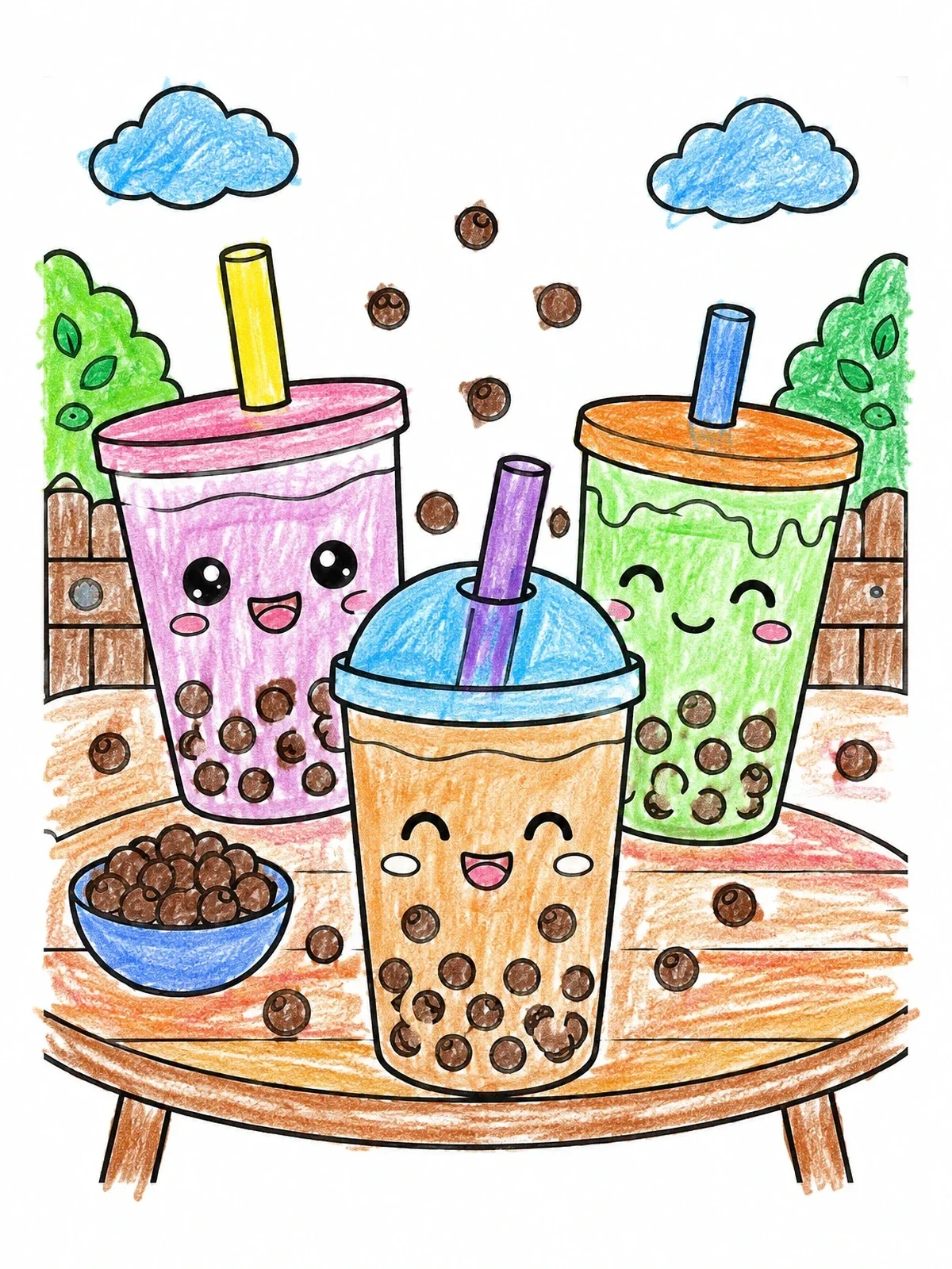 Colored example of the Happy Boba Tea Cups Outdoors coloring page