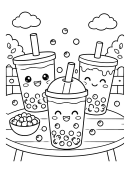 Free printable Happy Boba Tea Cups Outdoors coloring page