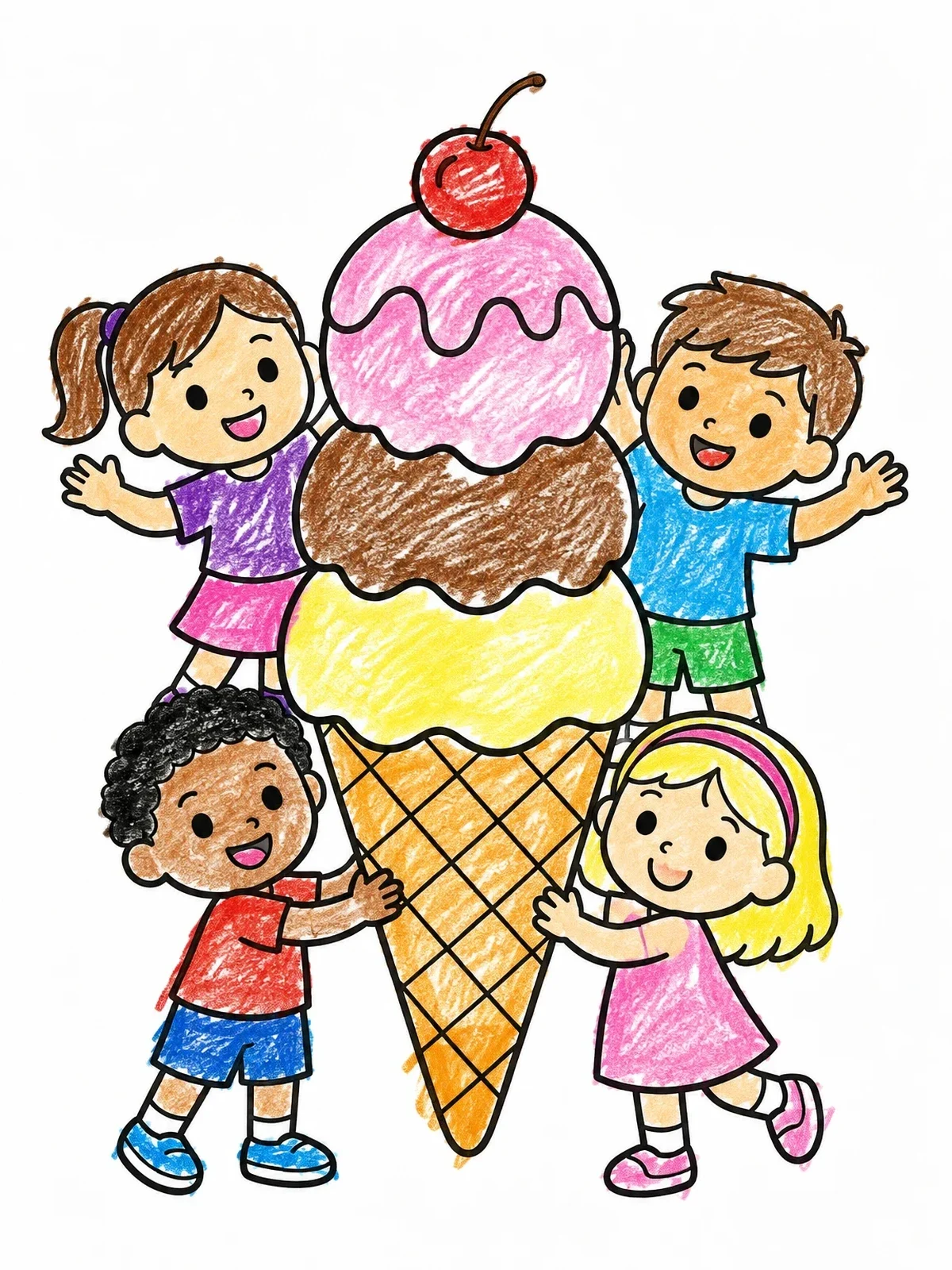Colored example of the Kids With Giant Ice Cream Cone coloring page