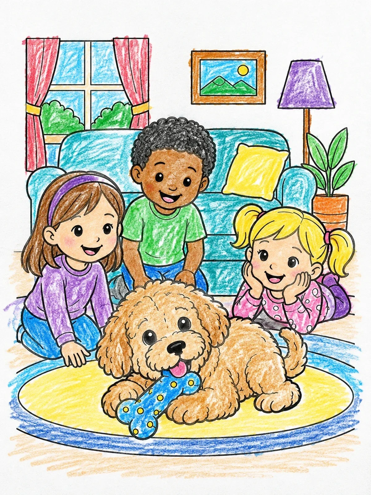 Colored example of the Children Watching Fluffy Puppy Play coloring page
