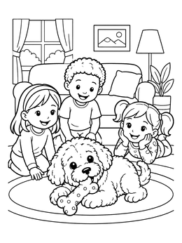 Free printable Children Watching Fluffy Puppy Play coloring page