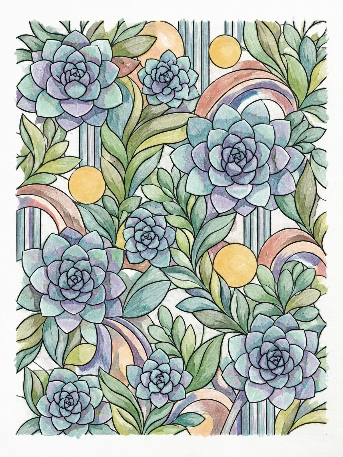 Colored example of the Succulent Rosettes And Botanical Pattern coloring page