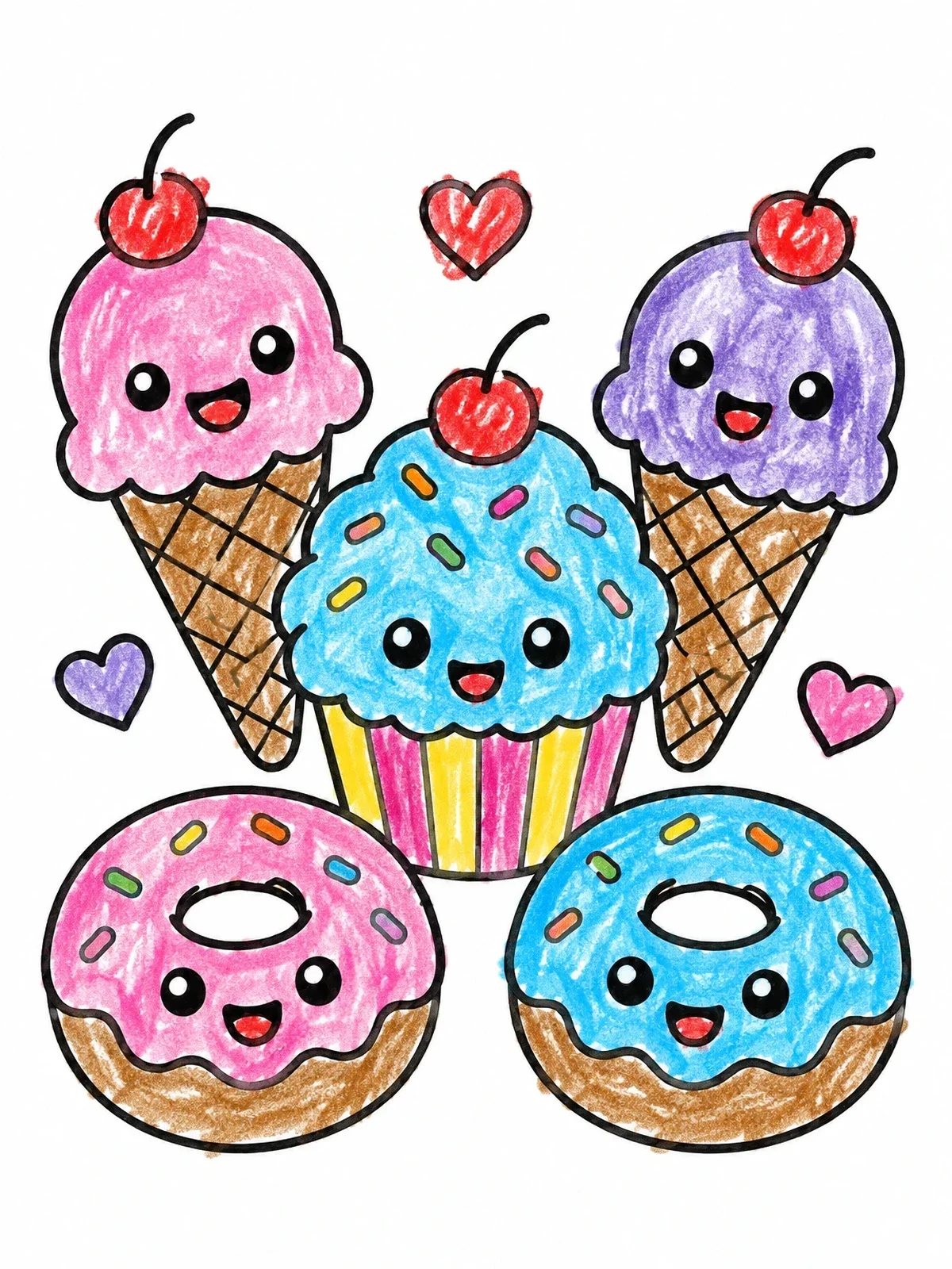 Colored example of the Sweet Treats With Smiling Faces coloring page