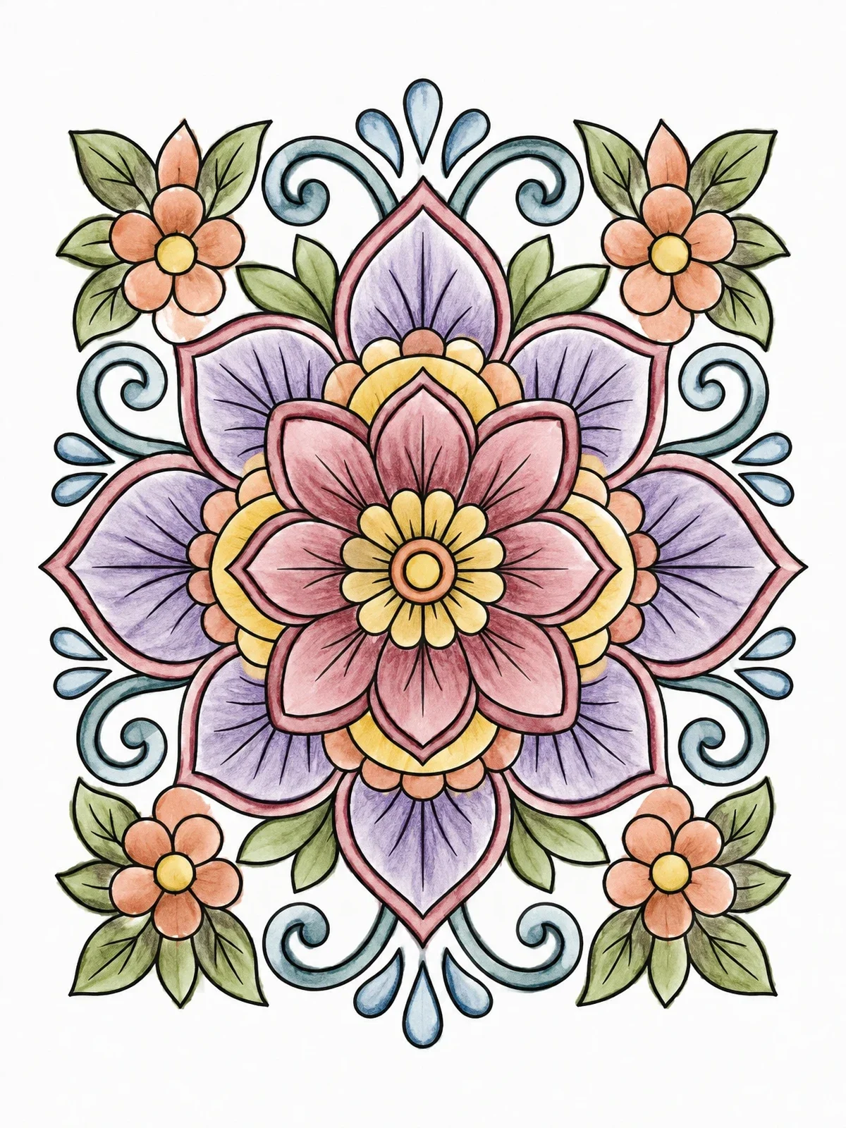 Colored example of the Symmetrical Floral Mandala Pattern coloring page