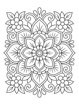 Intricate symmetrical doodle coloring page featuring layered floral mandala petals and corner blossoms.