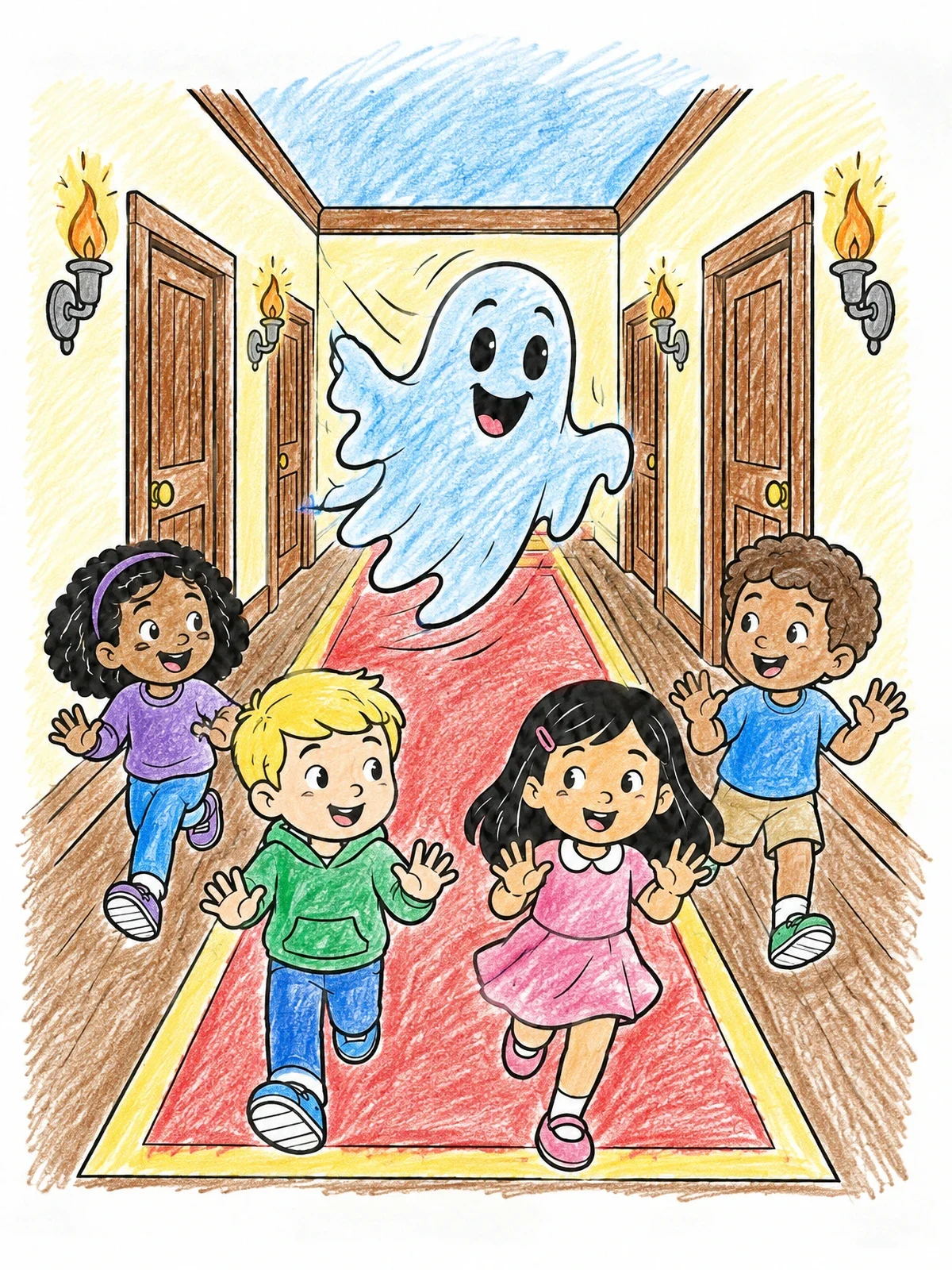 Colored example of the Ghost And Kids In Hallway coloring page