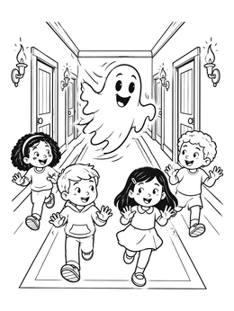 Free printable Ghost And Kids In Hallway coloring page
