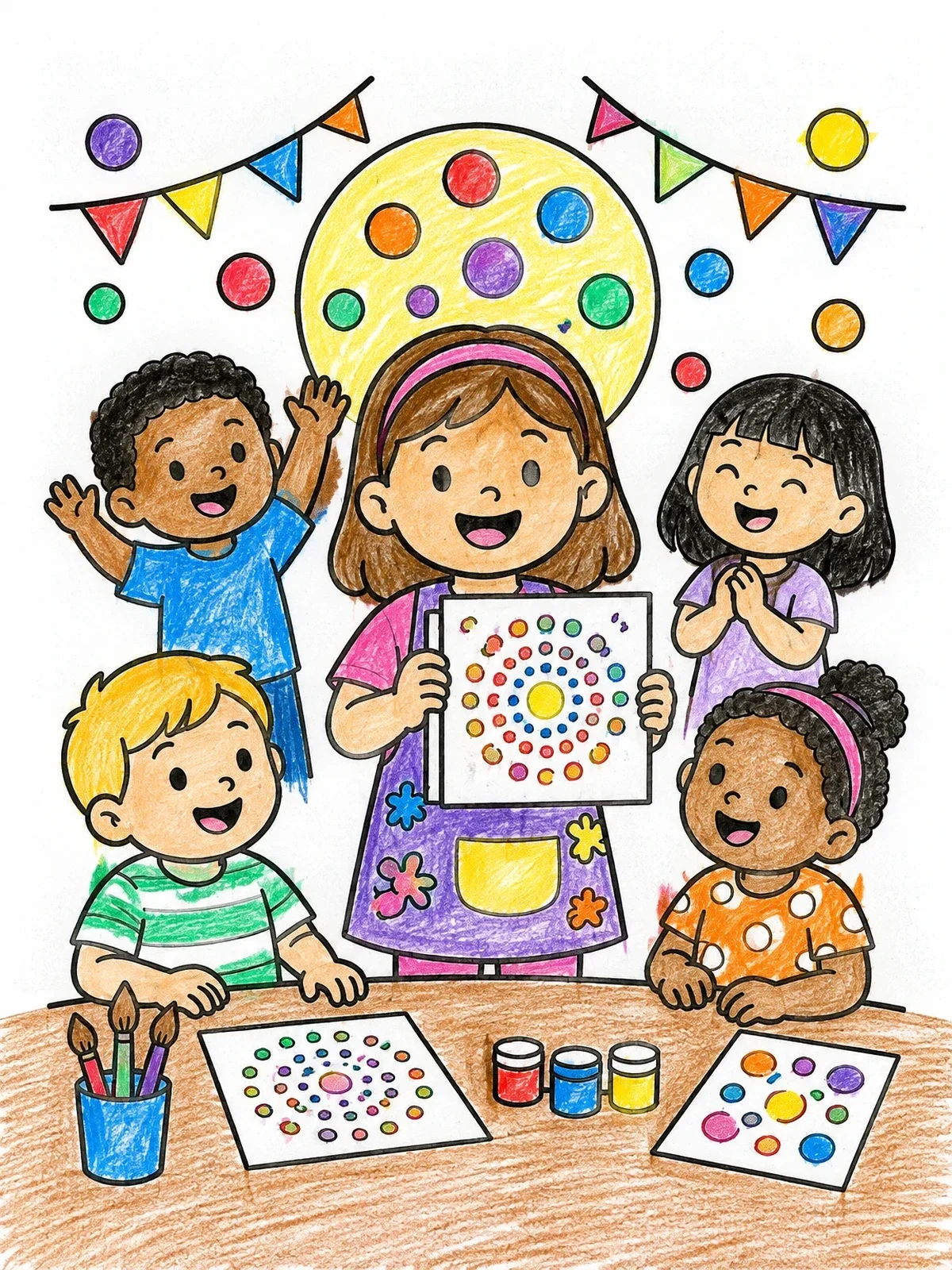 Colored example of the Children Celebrating Dot Day Together coloring page