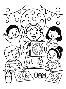 Free printable Children Celebrating Dot Day Together coloring page